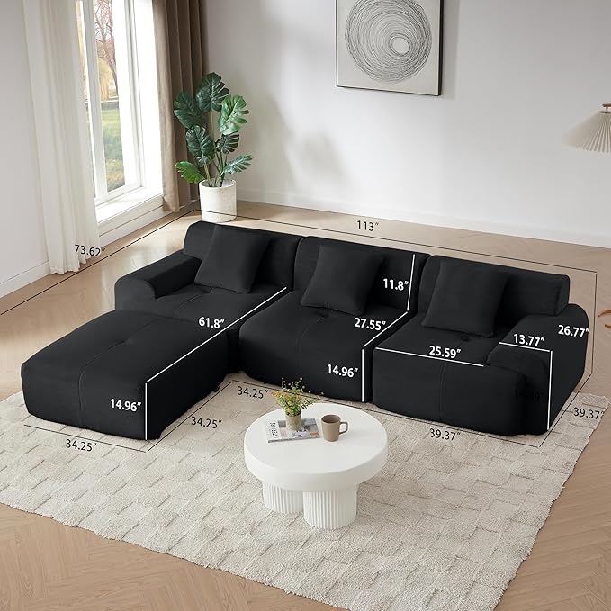 113 Cloud Compressed Modular Sectional Sofa Boneless Couch for Living Room Modern Corduroy Upholstered L-Shaped Corner Couch with Reversible Ottoman for Apartment | Deep Seat Wider Armrest Free Co