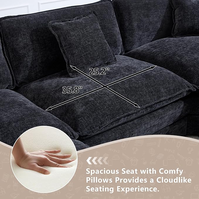 113.4 Deep Seat Sectional Cloud Sofa with an Ottoman Oversized U Shaped Modular Couch Large 5 Seater Corner Couches for Living Room Black Chenille