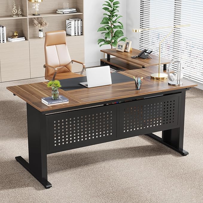 Tribesigns 63 Inch Executive Desk with File Cabinet Large Office Desk L Shaped Computer Desk with Drawers and Storage Shelves Business Furniture Desk Workstation for Home Office Brown and Black