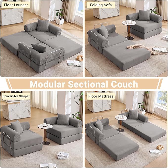 73 Convertible Sleeper Sofa Bed Corduroy Boneless Couch in a Box 4-in-1 Folding Mattress Loveseat Couch Comfy Modular Foldable Floor Sleeper Sofa with 2 Pillows and Fixed-Shape Frame (Gray 73)