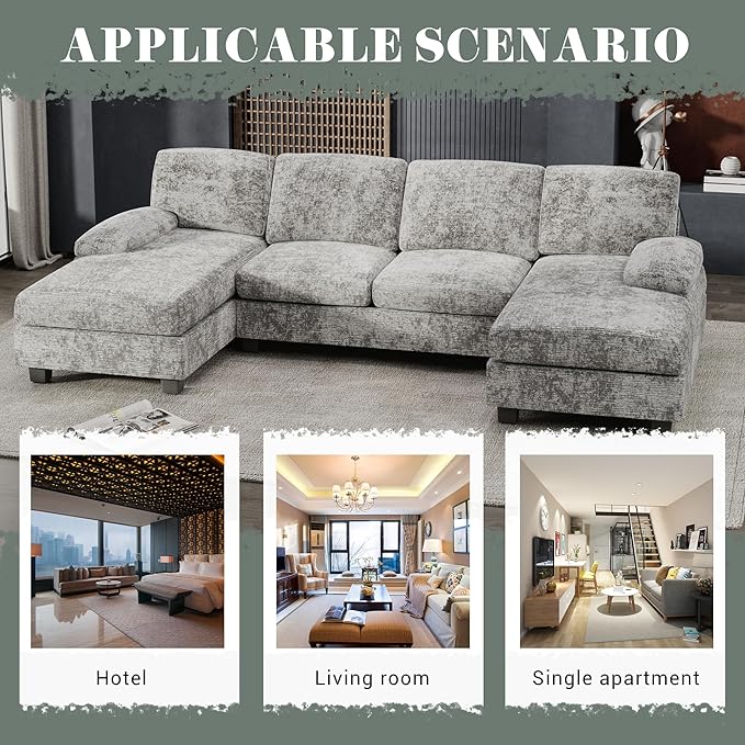 Furniwell Convertible Sectional Sofa Couch 4 Seat Sofa Set for Living Room U-Shaped Modern Fabric Modular Sofa Sleeper with Double Chaise &amp Memory Foam (Fabric Grey)