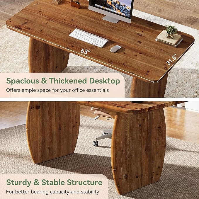63-Inch Solid Wood Executive Desk Large Office Computer Desk with Sturdy Wooden Legs Farmhouse Writing Table Business Workstation for Home Office Brown