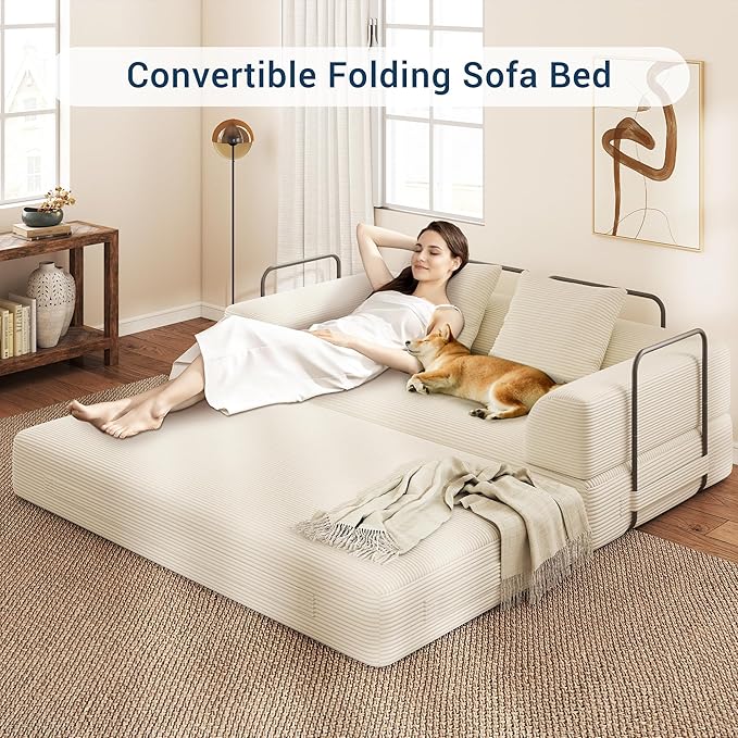 Cloud Boneless Convertible Floor Sofa Bed 70 4-in-1 Foldable Compressed Loveseat Lounge Sleeper 2 Seater Couches High-Density Sponge &amp Corduroy Fabric Futon Daybed for Living Room Bedroom(Beige