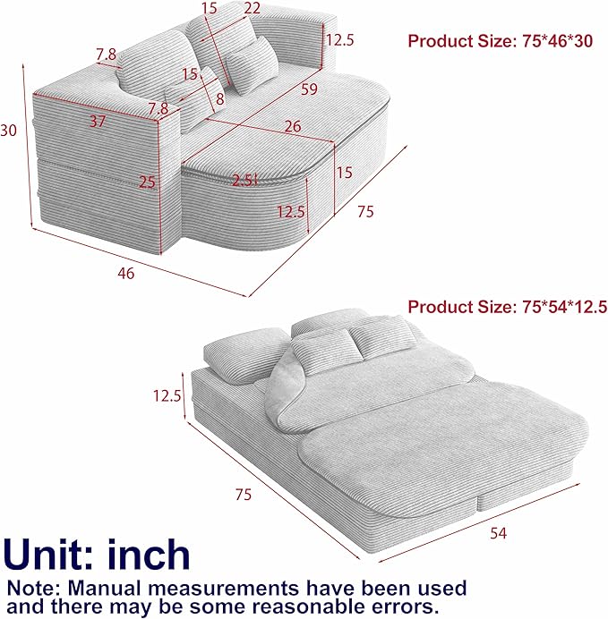Convertible Folding Futon Sofa Bed 2-in-1 Corduroy Love seat Sleeper Sofa with Functional Blanket Foldable Full Size Guest Couch Bed with 4 Soft Pillows for Living Room (Beige)