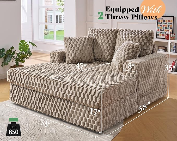 Jocisland 58 Inch Oversized Chaise Lounge Upholstered Sofa Bed with Throw Pillows and Armrests Sleeper Chair- Comfy Chair Bed for Living Room Brown