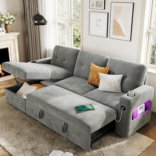 GarveeHome 84 Inch Sleeper Sofa Couch L-Shaped Sofa Convertible Pull Out Sofa Bed with Storage Charging Station Led Lights Modern Sectional Sofa for Living Room Apartment Velvet Light Grey