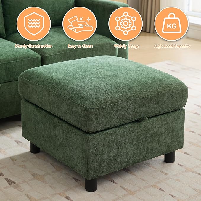 25”Square Storage Ottoman Module for Modular Sectional Sofa Living Room Coffee Table Sectional Ottoman Footrest for Convertible Couch Chenille Dark Green