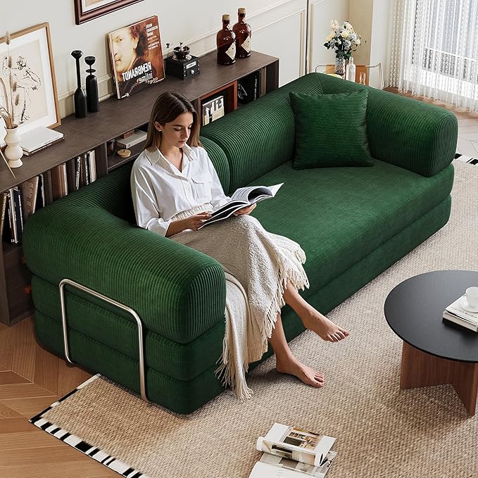 Convertible Sleeper Sofa Bed with Cylindrical Pillow 79 Inch Oversized Corduroy Upholstered Boneless CouchLove Seat Floor Sofas Living RoomSmall Space ApartmentOffice (Green)