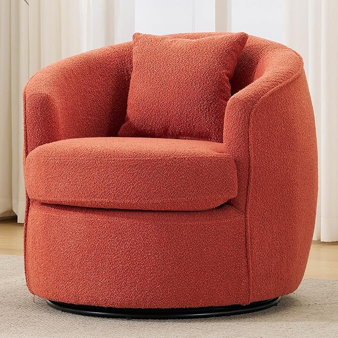Swivel Barrel Chairs 32 Inches Wide No Assembly Round Upholstered Armchairs Accent Chairs Single Sofa Chair for Living Room (Orange Set of 1)