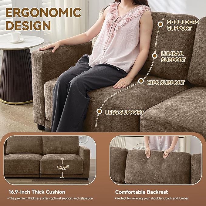 77.4 Chenille Modular Loveseat Oversized Upholstered 2 Seater Sectional Sofa with Thickened Cushions Easy Assembly Modern Comfy Love Seat Couch for Living Room Brown
