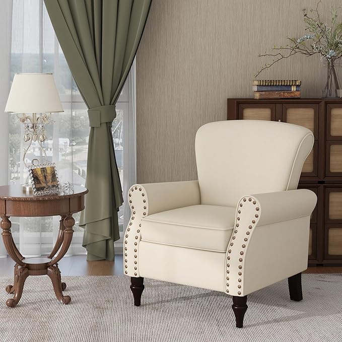 Accent Chair Upholstered Armchair with High Resilience Sponge &amp Wood Legs Mid-Century Modern Comfy Single Sofa Reading Chairs for Living Room Bedroom (Beige Set of 2)