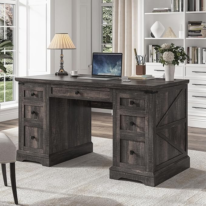 EnHomee 58 W Farmhouse Executive Desk with Drawers Wood Home Office Desks with Power Outlets Rustic Computer Desk with Storage Cabinet for Working Studying Writing Dark Rustic Oak