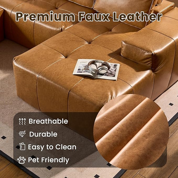 114 Cloud Sectional Couch with L-Shape Chaise &amp Ottoman Modern Boneless Couches for Living Room Fluffy Tufted Deep Seat Modular Sofa No Assembly (Faux LeatherBrownRight Facing)