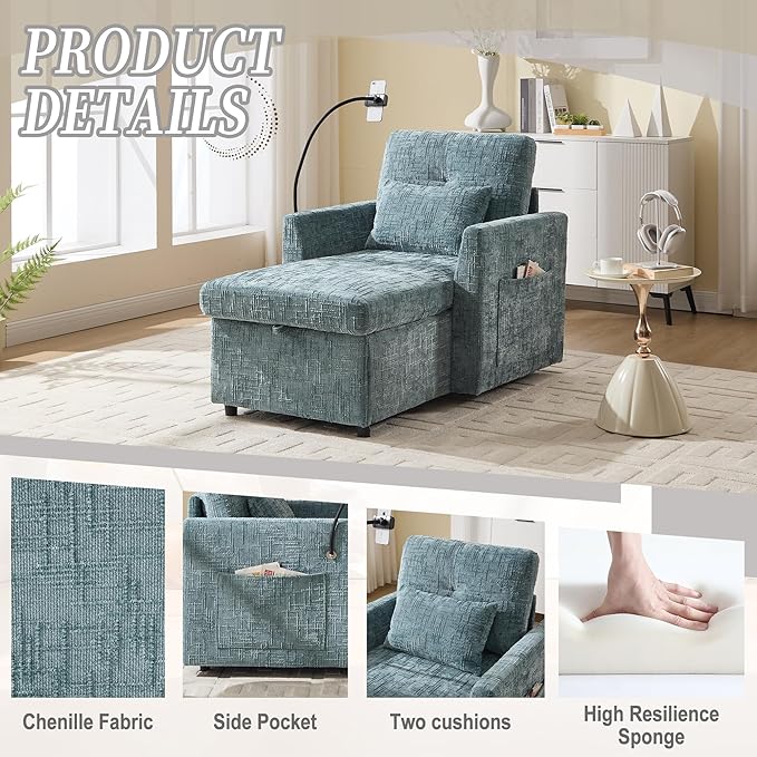 Multifunctional Recliner Sofa Chair with Storage Phone Holder &amp Adjustable Backrest Chenille Fabric Single Leisure Chair for Living Room Bedroom Small Spaces (Lake Blue)