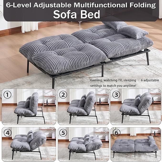 Memory Foam Futon Sofa Bed with Frame &amp Mattress Set - Comfy Mini Couch for Small Spaces &amp ApartmentsGray