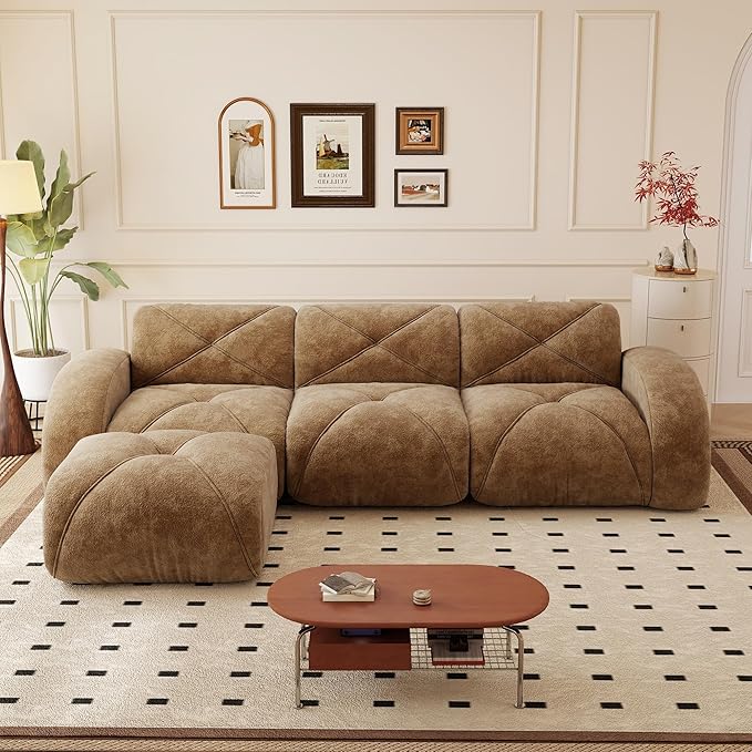 110.6 L Shaped Boneless Couch Modern 3 Seater Modular Sectional Sofa Convertible Velvet Modular Cloud Sofa with Ottoman &amp Deep Seat Free Combination Upholstered Couches for Living Room Camel