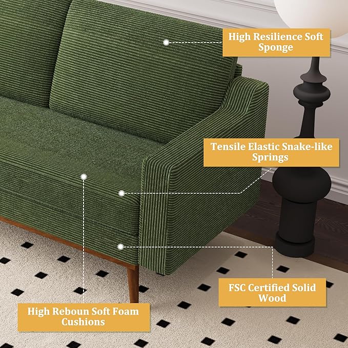 Vipbear 65.4 Loveseat Sofa Green Corduroy Couch Mid-Century Modern Small Couches for Living Room Bedroom Office Comfy Sofa with Spring Cushion Solid Wood Frame Tool-Free Assembly