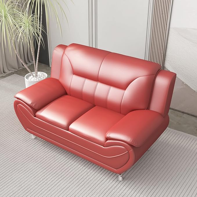Michael Modern Faux Leather Upholstered Stainless Steel Legs Living Room Loveseat Persian Red