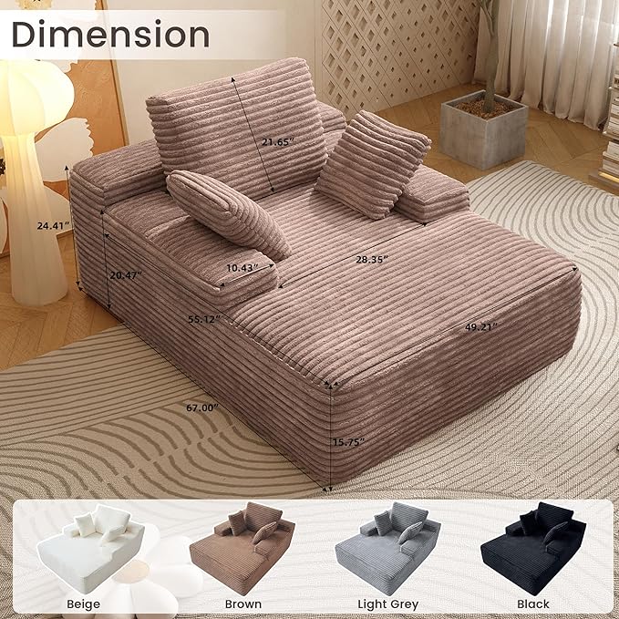 67'' Chaise Lounge Chair Indoor Oversized Boneless Sofa Bed Fluffy Corduroy Sleeper Sofa for Apartment Bedroom Living Room Comfy Cloud Boneless Couch Reading Recliner No Assembly Brown