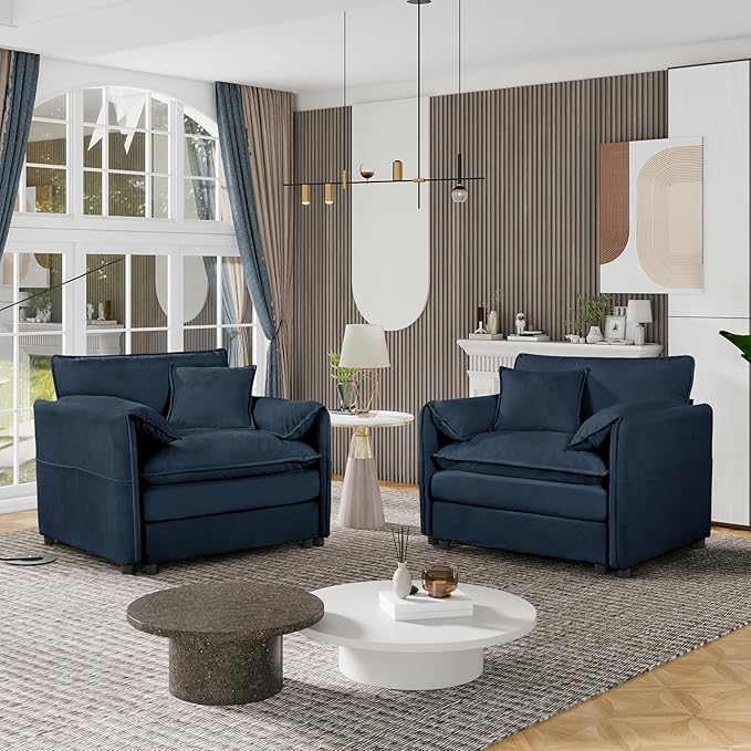 KEIKI Oversized Accent Chair Set of 2 Chenille Deep Seat Single Sofa Chairs with Side Pockets Modern Upholstered Armchair for Bedroom Living Room Apartment Blue