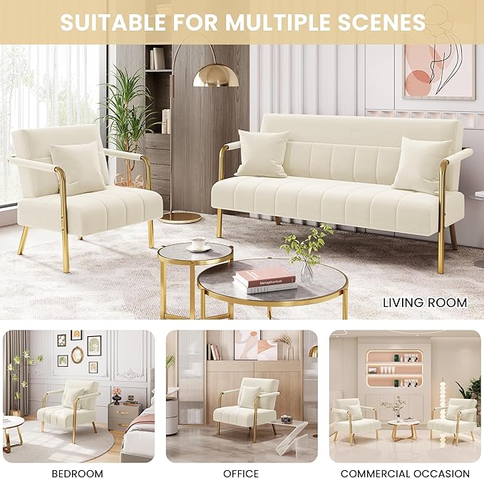 Yaheetech 30 W Accent Chair Velvet Oversized Armchair Living Room Chair with Golden Frame &amp Cozy Pillow for Living Room Bedroom Office Beige
