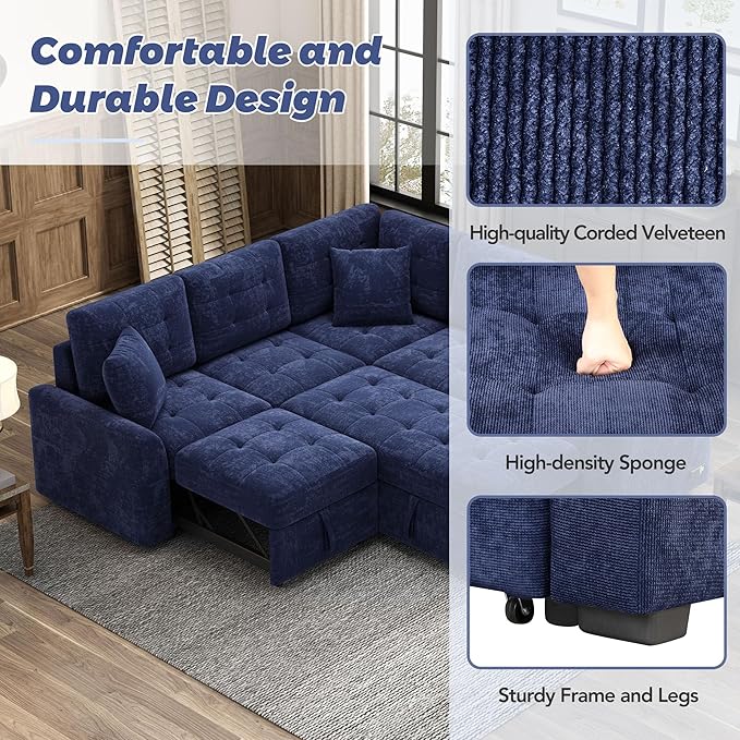 Velvet Fabric L-Shape Reversible Sleeper Sectional Sofa Couch 2 in 1 Pull Out Convertible Sofa Bed with Wheels and USB Ports for Living Room Apartment Office (Navy Blue-SFB)