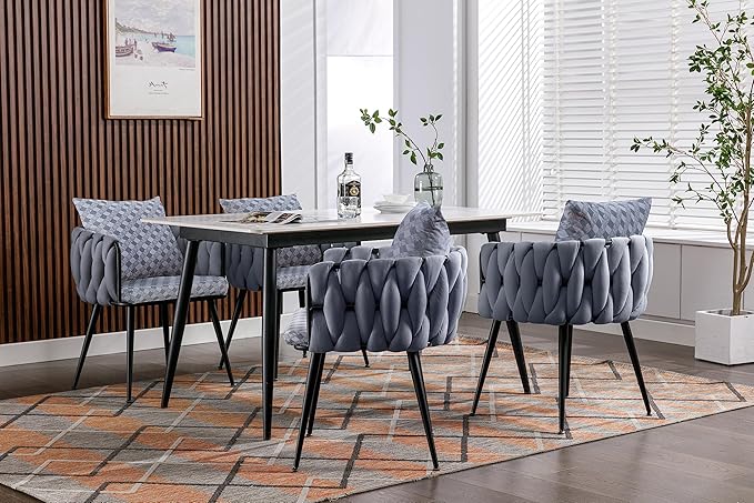 Generic Grey Modern Velvet Dining Chairs Set of 2 Hand Weaving Accent Chairs Living Room Chairs Upholstered Side Chair with Black Metal Legs for Dining Room Kitchen Vanity Living Room