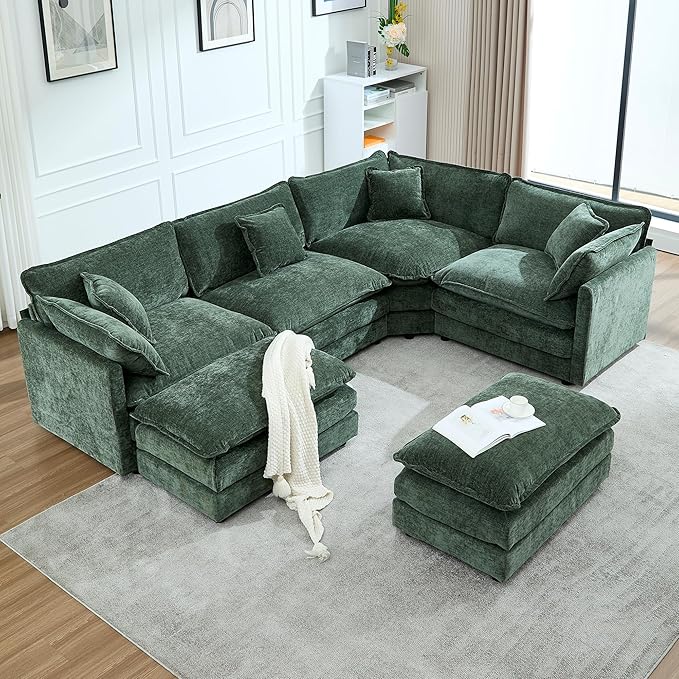 113.4 Deep Seat Sectional Cloud Sofa with 2 Ottomans Oversized U Shaped Modular Couch Large 6 Seater Corner Couches for Living Room Green Chenille