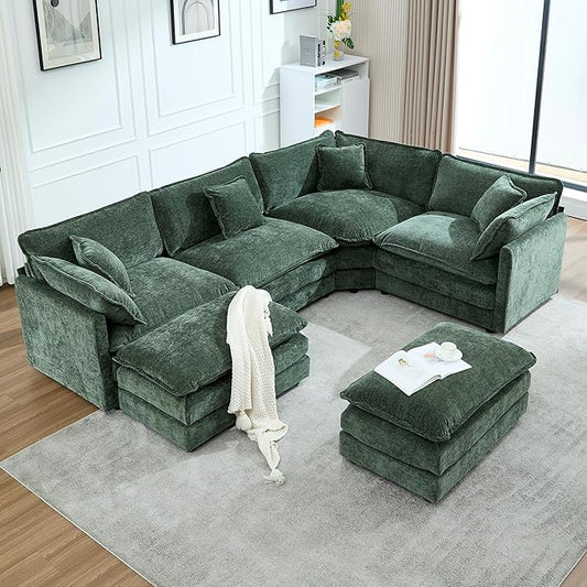 113.4 Deep Seat Sectional Cloud Sofa with 2 Ottomans Oversized U Shaped Modular Couch Large 6 Seater Corner Couches for Living Room Green Chenille