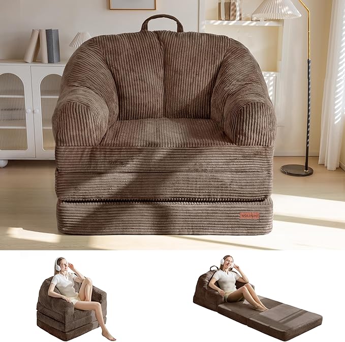 MAXYOYO Folding Sofa Bed with Backrest Boneless Fold Out Couch Bed with Handle 2 in 1 Convertible Bean Bag Chair to Floor Sofa Lounger Comfy Folding Couch for Bedroom &amp Living Room Brown