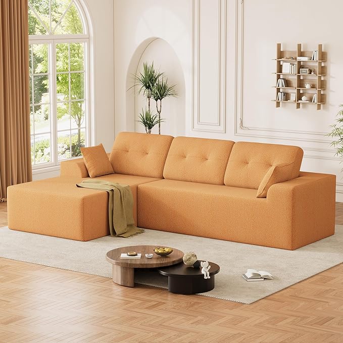 Ball &amp Cast 106 Cloud Sectional Couch Compressed L-Shaped Sofa with Deep Seat Chaise Boneless No Assembly Modular Couch Foam &amp Spring Support 2 Boxes (Left Facing Chenille Orange)