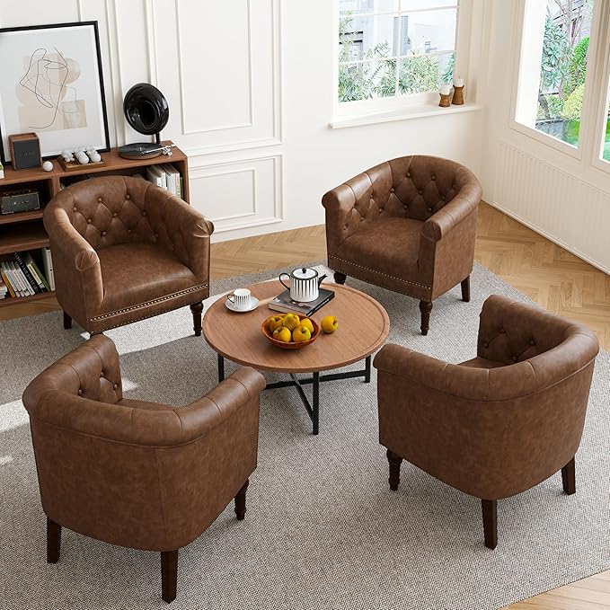 Accent Chair Upholstered Faux Leather Barrel Chair with Nailed Trim Comfy Club Armchair for Reading Living Room Bedroom Waiting Room (Rust Set of 1)