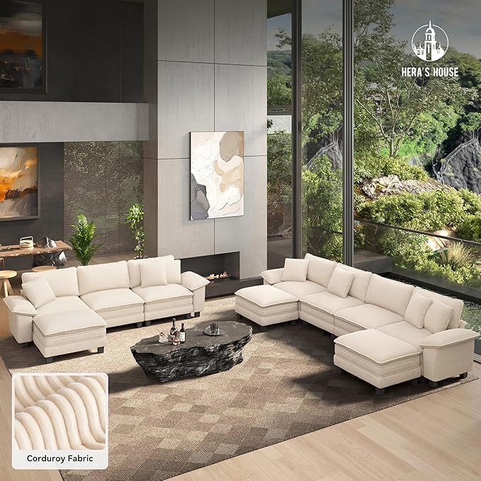 HERA'S HOUSE 124 Modular Sectional Sofa Oversized L Shaped Couches for Living Room Comfy Cloud Couch with Ottoman 4-Seater Deep Seat Sofa with Throw Pillow Corduroy Beige