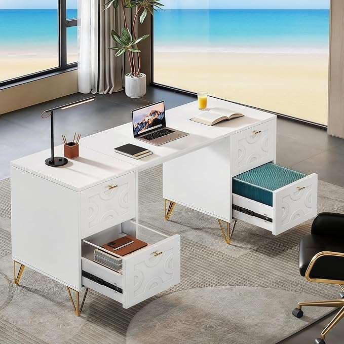 Tribesigns White and Gold Computer Desk 59'' Modern Writing Table with File Drawers Luxury Home Office Executive Desk with Gold Metal Legs for Work or Vanity Use