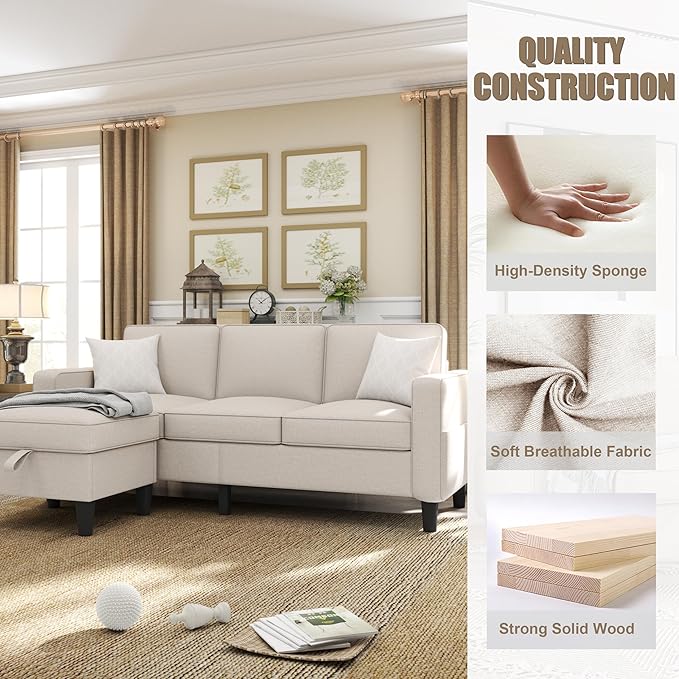 ZeeFu Couch for Living Room - 78'' Beige Linen 3 Seat L-Shaped Sectional Sofa Couches with Storage Ottoman - Modern Small Space Upholstered Furniture Sofa Set for Office Small Space Apartment