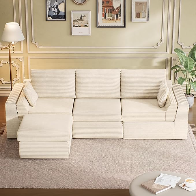 Vabches 106.6 Modular Sectional Sofa with Chaise Comfy Cloud Sectional Couch Modern L-Shape Corduroy Sofa with Deep Seat Upholstered Couches for Living Room BedroomNo Assembly Required (Beige)