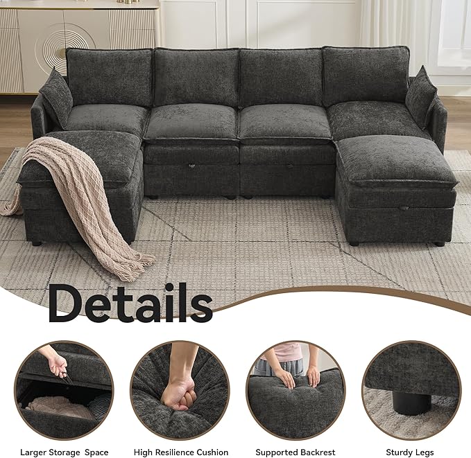 105 Cloud Modular 4 Seater Sofa with 2 Storage Ottoman Modern Upholstered Sofa Storage Sofa Couch Deep Seat U Shape Sectional Sofa Chenille Comfy Couch with Armrests for Living Room Dark Grey | Mo
