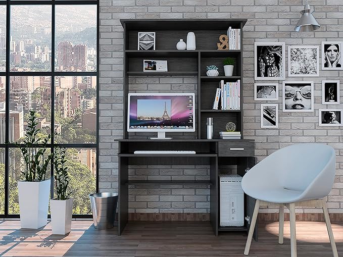 Smokey Oak 2-Drawer 7-Shelf Computer Desk with Hutch Home Office Desk for Home Office Living Room