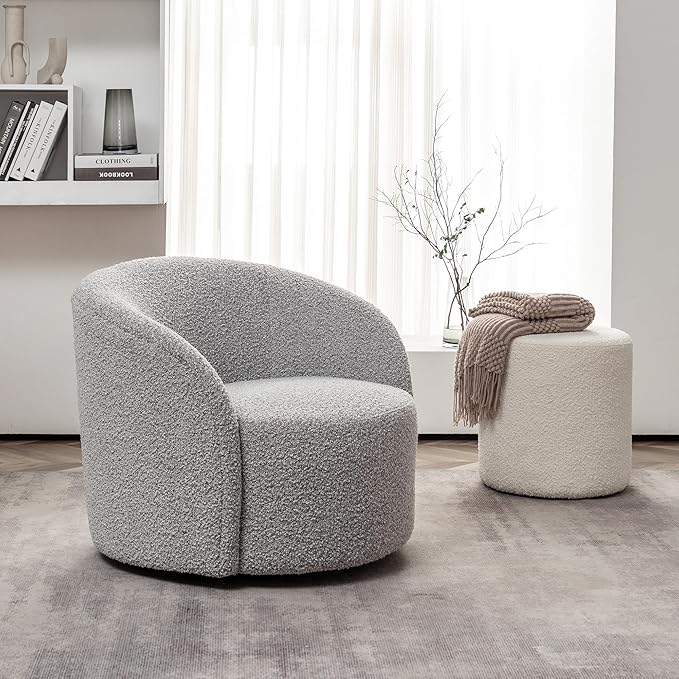 KINWELL 34 Boucle Swivel Barrel Chair with 18 Round Ottoman Set Fully Assembled Set of Sherpa Accent Chair and Footrest Modern Comfy Armchair and Footstool for Living Room and Bedroom Black White