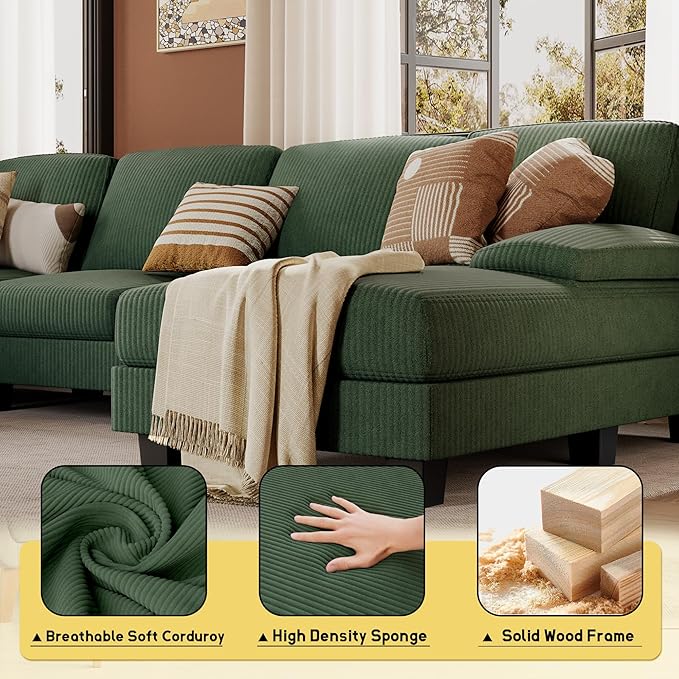 JUMMICO Sectional Couches for Living Room U Shaped Couch with Chenille Fabric 4 Seat Modern Sofa with Removable Pillows for Apartment and Small Space (Corduroy Light Green)