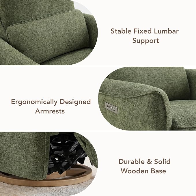CHITA Power Nursery Rocking Chair Swivel Glider Recliner Chair with Solid Wood Base Bulit-in USB &amp Type-C Charging Ports for Living Room FSC Certified Moss Green