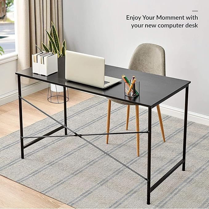 Modern Computer Desk with Light Wood Top 47.2 x 23.6 Writing Table Black Metal Frame with Cross Brace Minimalist Home Office Desk for Study or Workstation