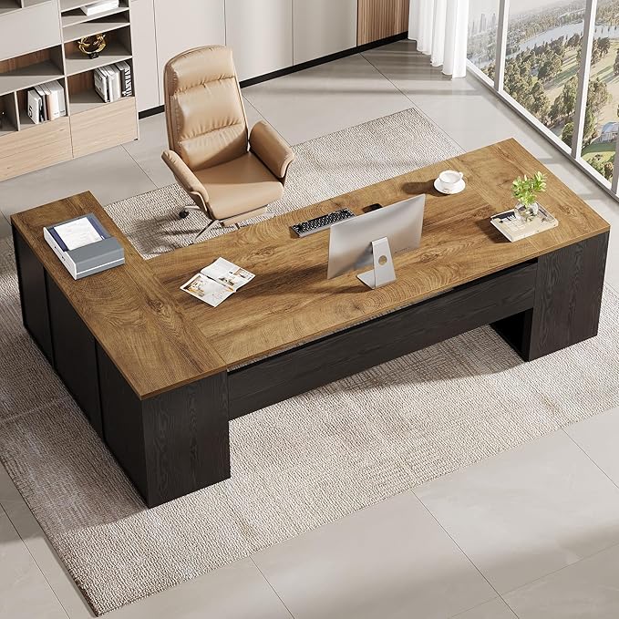 Tribesigns 85.8-Inch L-Shaped Executive Desk Extra Large Modern Office Desk with File Drawers Door Cabinet &amp Shelves Commercial Office Table Home Business Workstation Light Brown &amp Black