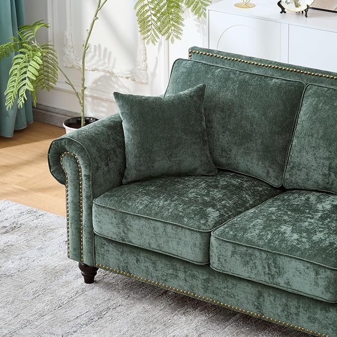Loveseat Velvet Fabric Two- Seater Couch Buckle Design and Rivet Decoration Deep Seated Double Sofa Suitable for Living Room Bedroom Apartment Hotel etc (green-01)