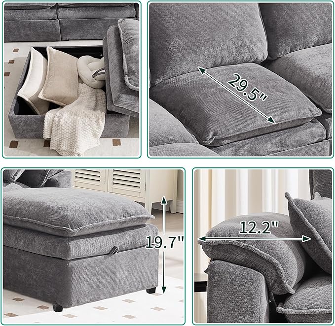 Large L-Shaped Sectional Couch Set - 6 Seater Oversized Cloud Sofa for Living Room Big Comfy Chenille Fabric Couches Extra Long Modular Sofa Bed Furniture