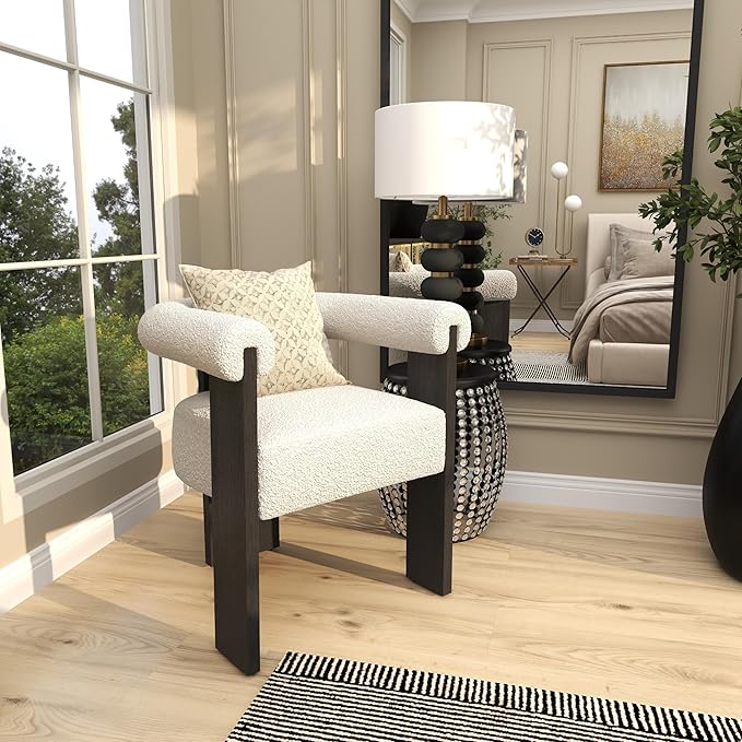 Deco 79 Polyester Curved Back Mid Century Modern Round Boucle Accent Chair with Black Wood Frame 27 x 23 x 28 White