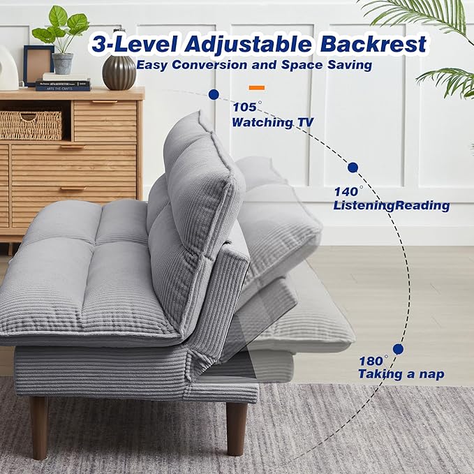 72 Futon Sofa Bed Convertible Futon Couch with Adjustable Backrest Modern Corduroy Sleeper Sofa for Small Spaces Living Room Office Light Grey