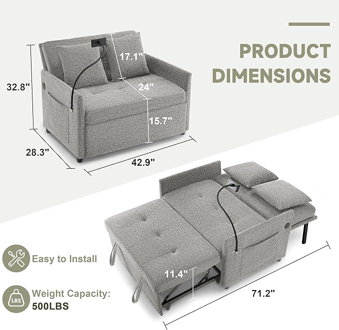 Sleeper Loveseat with USB and Type-C Ports 3 in 1 Convertible Sofa Bed with Phone Holder Pull Out Sofa Bed Loveseat Sleeper Sofa for Living Room Adjustable Backrest Side Pockets Light Grey