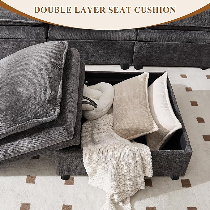 108 Sectional Couches for Living Room U Shaped Cloud Couch Sectional with Ottoman Storage Modular Sectional Sofa with Pillow Deep Seater Sofa for Living Room (Gray Loveseat with Ottoman)