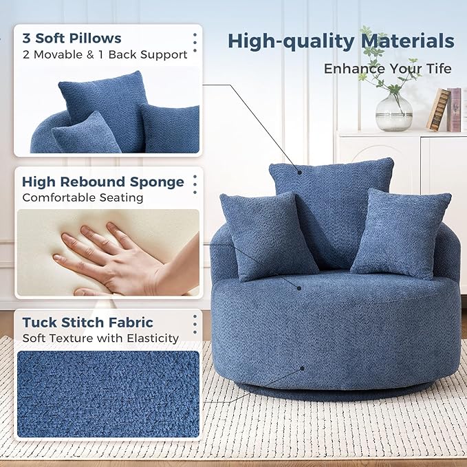 360°Swivel Accent Barrel Chair - 38.6W Boneless Oversized Upholstered with 3 Removable Pillows High-Resilience Sponge &amp Tuck Stitch Fabric Comfy Round Sofa Chair for Living Room Bedroom Apartm